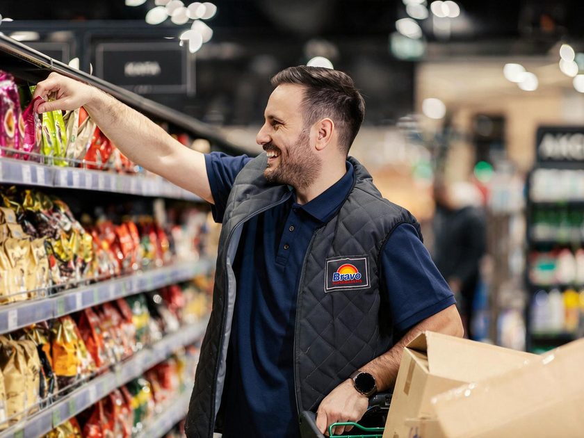 Bravo Supermarkets team member stocking the grocery aisle