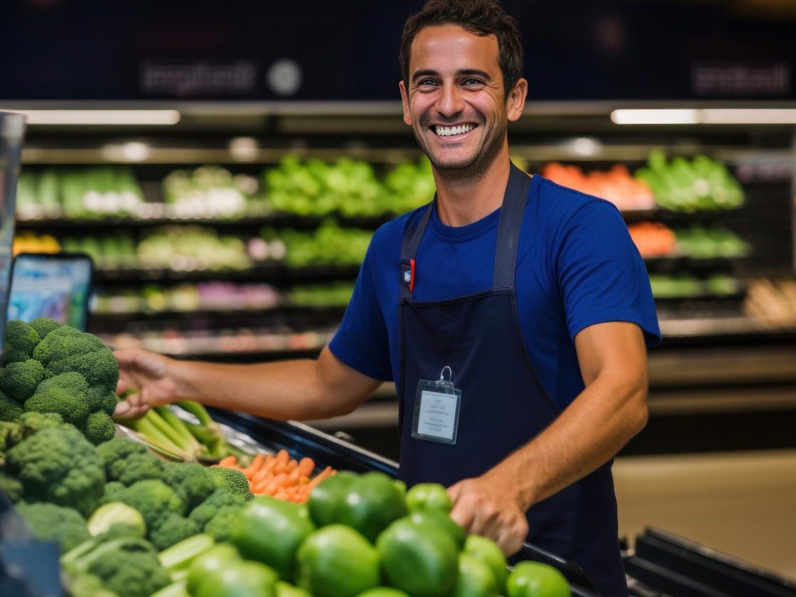 Bravo Supermarkets team member stocking fresh produce